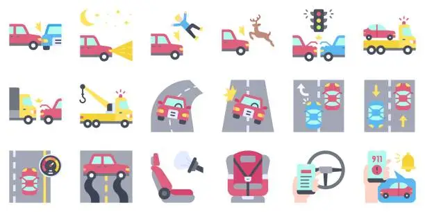 Vector illustration of Car accident and safety related flat icon set 2