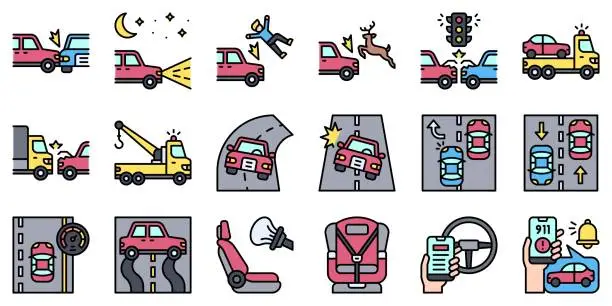 Vector illustration of Car accident and safety related filled icon set 2