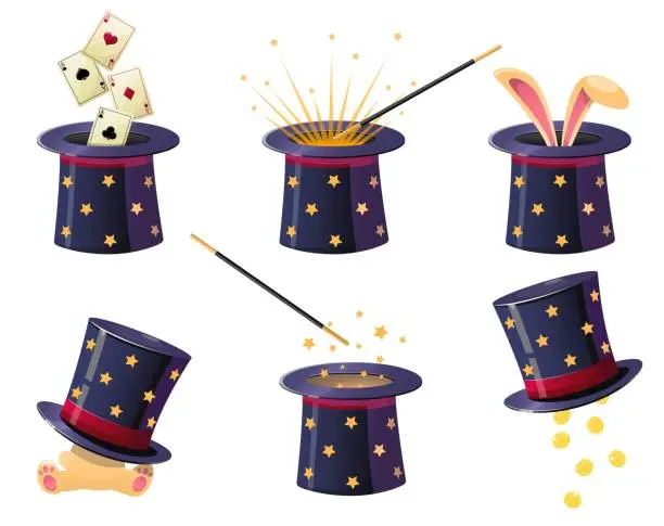 Vector illustration of Cartoon magician hat and wand. Illusionist show cylinder cap. Magical accessories with secret. Rabbit ears. Cards ace. Circus stage performance elements. Vector conjuror trick tools set