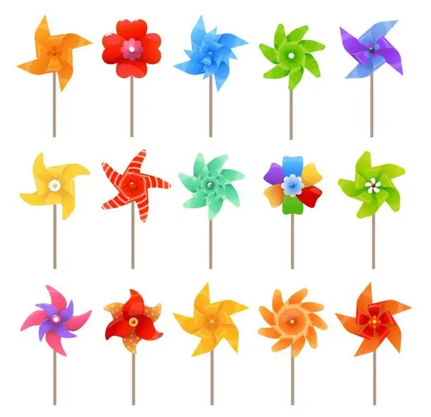 Vector illustration of Colorful pinwheel summer toys. Cartoon paper windmills. Different shapes. Quantity vane. Kids origami. Rotated fans. Propellers rotation. Ventilator on stick. Vector color wind mills set