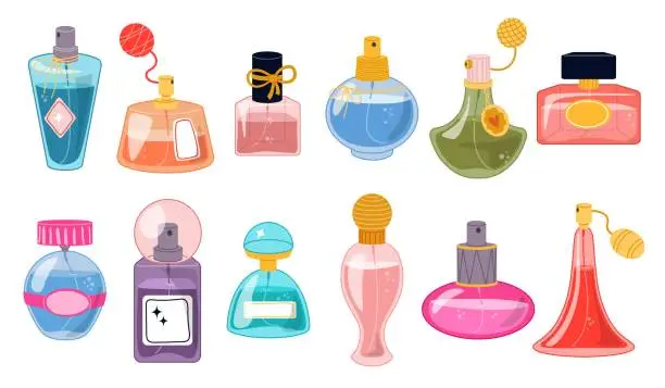 Vector illustration of Perfumery bottles. Various designs glass vials. Fragrant toilet waters. Luxury female perfume. Male cosmetics. Pleasant smell. Spray phials. Beauty product packages. Recent vector set