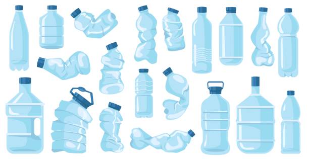 bildbanksillustrationer, clip art samt tecknat material och ikoner med cartoon crumpled bottles. broken containers for drinking water. plastic garbage. crushed empty packages. disposable flasks. compressed pack. recycling waste elements. recent vector set - flaskpost