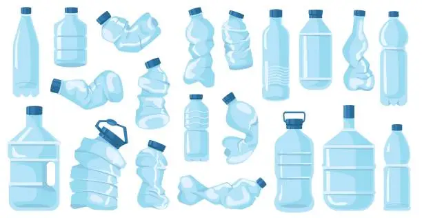 Vector illustration of Cartoon crumpled bottles. Broken containers for drinking water. Plastic garbage. Crushed empty packages. Disposable flasks. Compressed pack. Recycling waste elements. Recent vector set