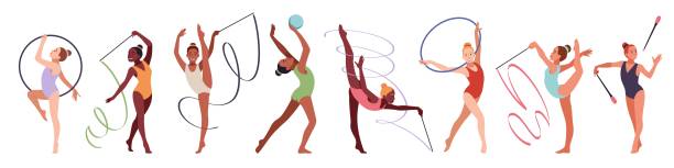 istock Artistic rhythmic gymnasts. Acrobatic girls with ribbons, balls and hoops, flexibility and lightness, professional athletes. Sports performance cartoon flat style isolated tidy vector set 2054902897