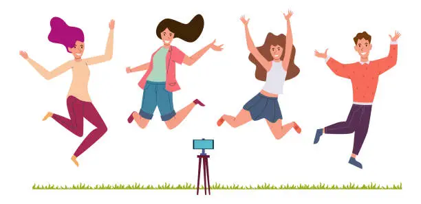 Vector illustration of People make selfie. Happy friends jumping. Smiling men and women, smartphone camera, human characters taking pictures outdoors in park, vlog making. Cartoon flat isolated vector illustration