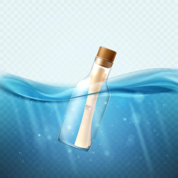 istock SOS bottle. Help letter in glass container swimming in ocean. Floating secret parchment document. Pirate adventures. Realistic isolated elements on transparent background. Vector concept 2054911903