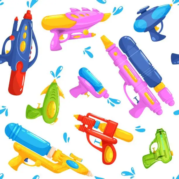 Vector illustration of Water kids weapon seamless pattern. Color plastic toy guns and pistols, children active games with pouring elements. Textile, wrapping paper, wallpaper design, vector thai songkran background