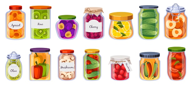 Jars preserved vegetables. Pickled fruits, berries and mushrooms, organic fermented food in glass containers, homemade cucumber conserves, cartoon flat style isolated illustration, tidy vector set