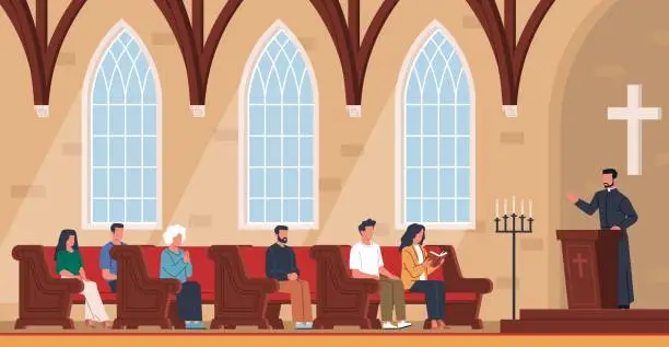 Vector illustration of People in church. Catholic priest speaks to congregation, religious men and women on benches, society spirituality, pastor on tribune, cartoon flat style isolated nowaday vector concept