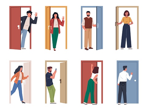 People in doorway. Men and women open and close doors, visitors come in and out, persons use house and office entries, exit and entrance cartoon flat style isolated illustration, nowaday vector set