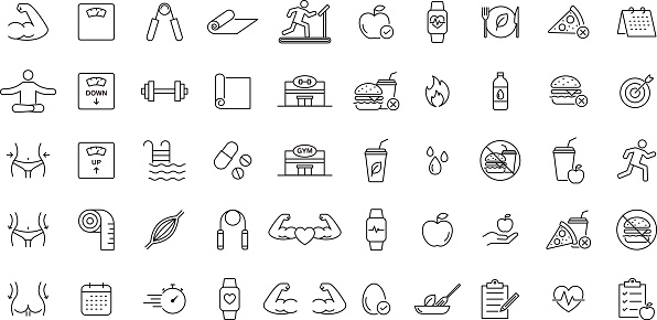 Vector Line Drawing Icon Set Related to Muscles, Health, Fitness, etc.