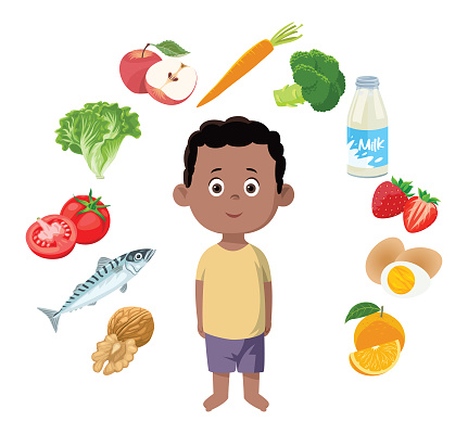 Smiling boy child with healthy food in flat design on white background. Vector Illustration