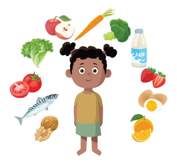 Vector illustration of Smiling girl child with healthy food in flat design on white background.