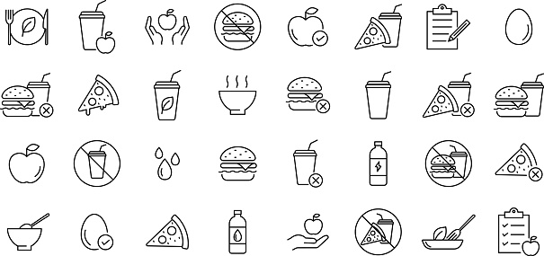 Vector Monochrome Line Drawing Icon Set Related to Meals