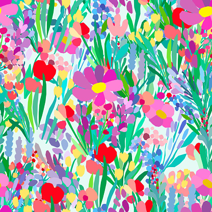 Seamless pattern with flowers, plant vector background. Abstract floral illustration. Textile print with wildflower. Spring fabriq