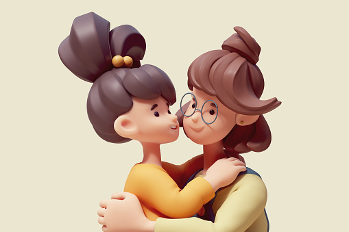 Portrait of a cute kawaii excited asian smiling child girl hugs young mom. Mom and heerful daughter wear fashion casual green, yellow, clothes. Concept of friendly family. 3d render in pastel colors.