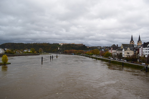 Koblenz, Germany - 12/07/2023: Mosel flood and old town shore of Koblenz