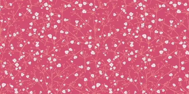 Vector illustration of Tiny abstract ditsy flowers with flat branches intertwined in a seamless pattern. Gently  simple floral spots, drops polka dots pink printing. Vector hand drawn sketch.Template collage, patterned