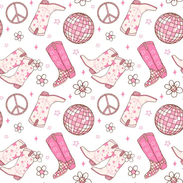 Vector illustration of Disco Cowgirl boots Seamless Pattern Groovy Repeating Background Vibes isolated on background.