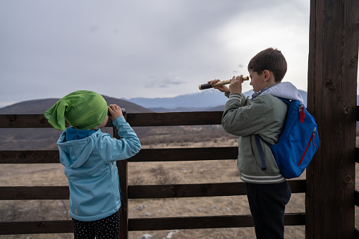 Brother and sister observing nature from the wooden hut on mountain