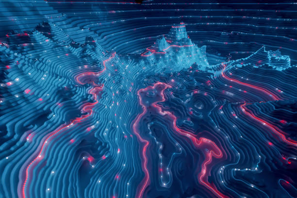 The vibrant points are connecting in a different winding lines on a flat surface. The digitally generated image, computer graphic, abstract background