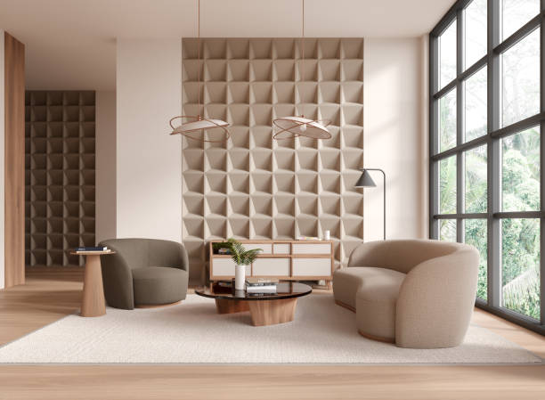 istock Modern hotel living room interior with couch and decoration, panoramic window 2055022174