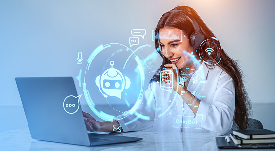 Happy young woman in headphones using laptop with double exposure of AI artificial intelligence chat bot. Concept of machine learning and AI assistant