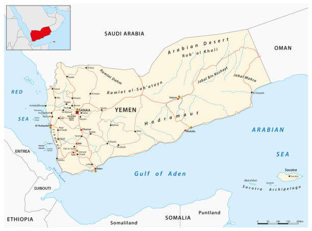 ilustrações de stock, clip art, desenhos animados e ícones de detailed vector road map of the middle eastern state of yemen - state of eritrea