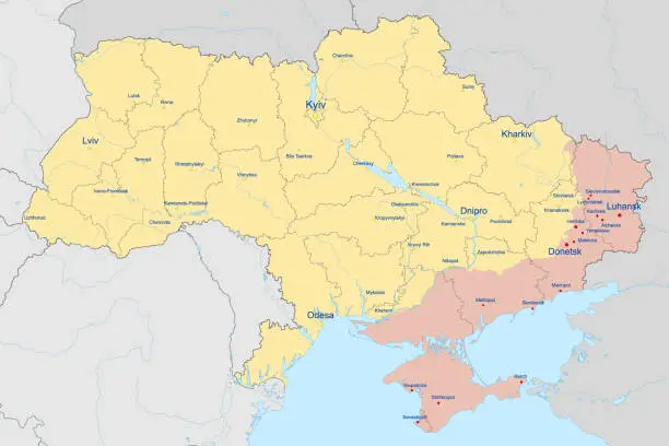Vector illustration of Administrative map of Ukraine as of February 2024.