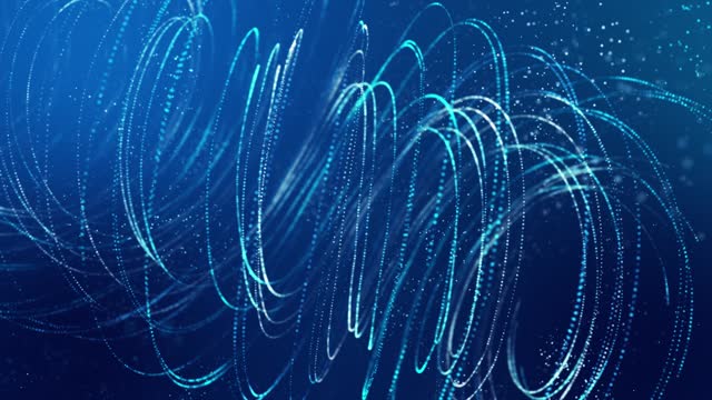 DOF glow blue particles, animation featuring glowing particles that form dynamic spirals or strings. Looped animation in style futuristic motion design, and glowing particles with a bokeh effect.