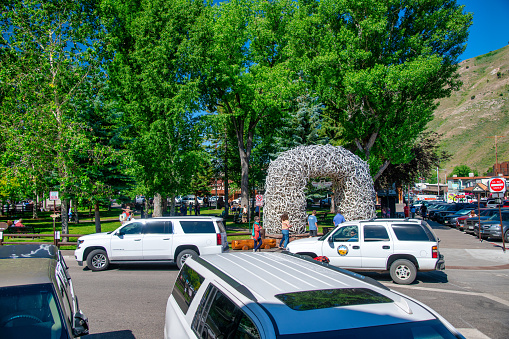Jackson Hole, WY - July 12, 2019: City streets and traffic on a sunny summer day.