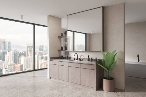 istock Modern home bathroom interior with sink, vanity and bathtub, panoramic window 2055045608