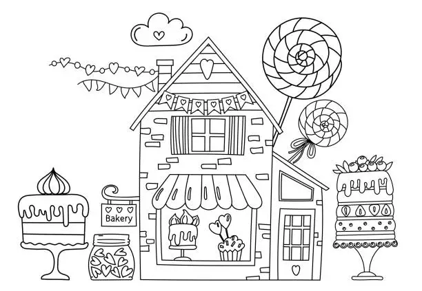 Vector illustration of Coloring Page - Cute Bakery Illustration With Lots Of Sweets