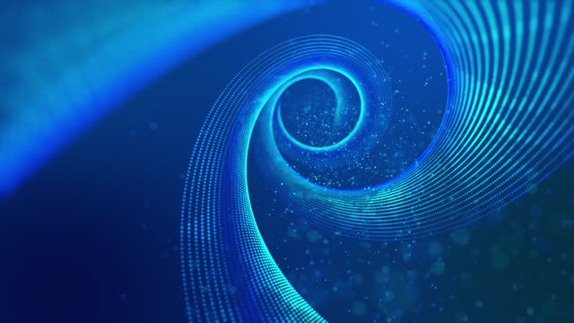 animation featuring glowing particles that form dynamic spirals and surfaces. Looped animation in style futuristic motion design, and glowing particles with a bokeh effect. DOF glow blue particles