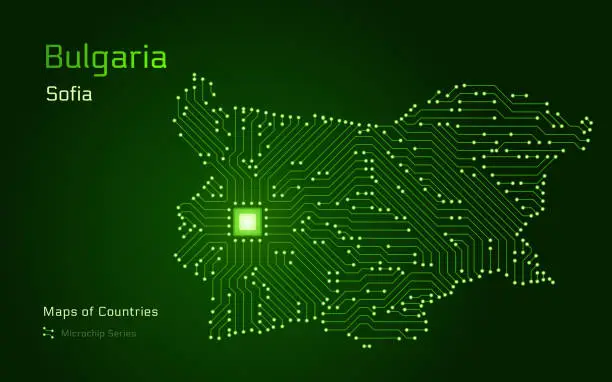 Vector illustration of Bulgaria Map with a capital of Sofia Shown in a Microchip Pattern with processor.