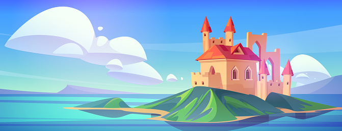Fairytale castle on island in sea or lake. Cartoon vector landscape of ancient fantastic palace with towers standing on green grass surrounded by water and blue sky with clouds. King medieval house.