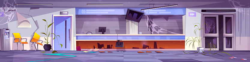 Destroyed hospital lobby interior. Vector cartoon illustration of large waiting hall with broken computers on reception desk, cracks and cobweb on walls, paper on floor, abandoned haunted clinic