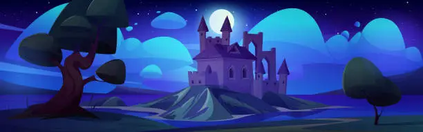 Vector illustration of Night medieval castle on lake