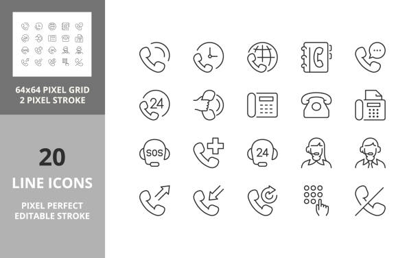 phone calls 64px and 256px editable vector set Support and phone calls. Thin line icon set. Outline symbol collection. Editable vector stroke. 64 and 256 Pixel Perfect scalable to 128px 999 call center stock illustrations