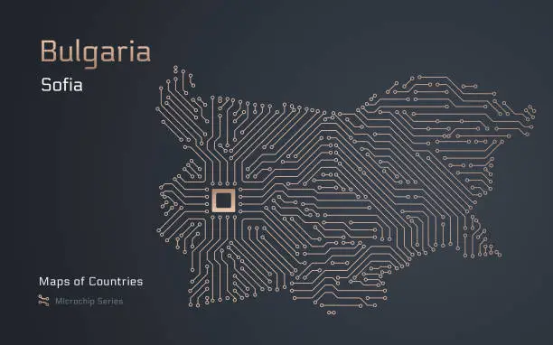 Vector illustration of Bulgaria Map with a capital of Sofia Shown in a Microchip Pattern with processor.