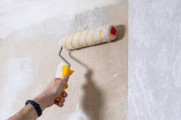 istock A man uses a roller to apply glue to a wall to paste wallpaper. Room renovation 2055097069