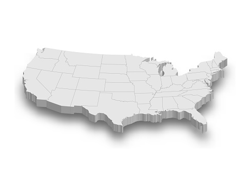 3d United States white map with regions isolated on white background