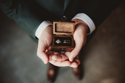 hands of a just married couple with the wedding rings and bouquet