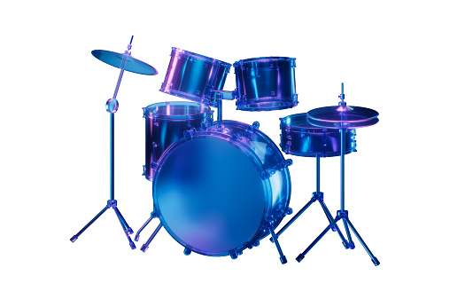 Drum set with dark neon light effect, 3d rendering. 3D illustration.