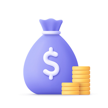 Money bag with dollar sign and golden coin stack. Business, finance, banking and investment concept. 3d vector icon. Cartoon minimal style.