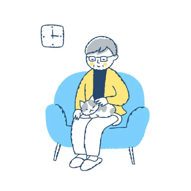 Vector illustration of Elderly woman relaxing with cat on sofa