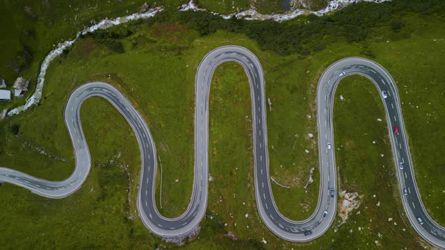 Aerial view of Snake road in summer in Dolomites