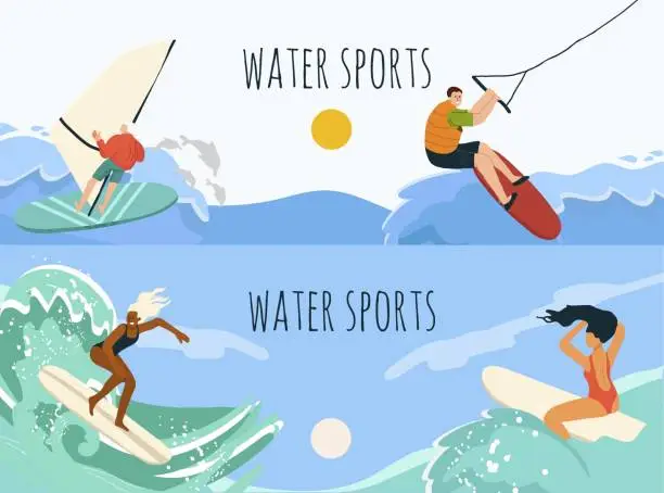 Vector illustration of Horizontal banner with water summer sports, characters of people, vector illustration, hand drawn.