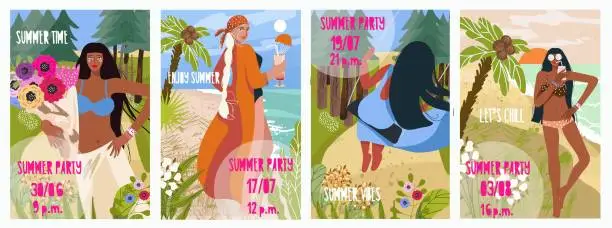 Vector illustration of Collection of invitation templates or posters, with summer seascape, panorama, with stylish girls, women for summer outdoor dance party. Vector illustration for advertising summer event.