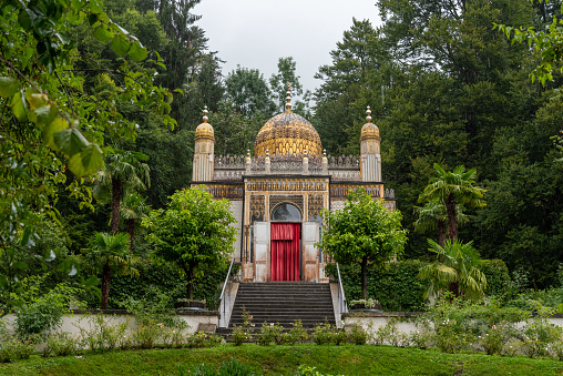 Linderhof, Germany - August 24, 2022 - Moorish Pavilion at the park of Linderhof palace in Bavaria, Germany